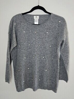 Bendetta B cashmere long-sleeve sweater, made in Italy, pearl + silver details